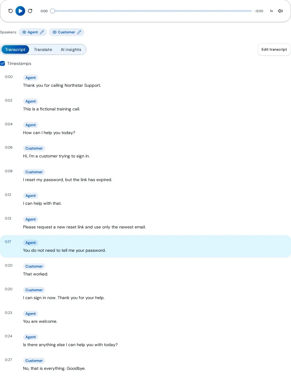 Finished transcript with Agent and Customer labels beside each line