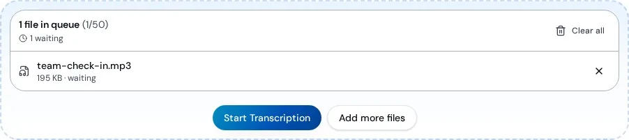 team-check-in.mp3 staged in the upload queue with the Start Transcription button