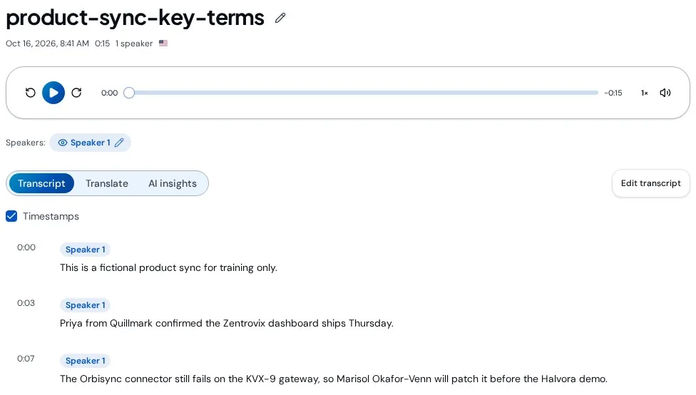 Transcript with key terms showing Zentrovix, Orbisync, KVX-9 and Halvora spelled correctly