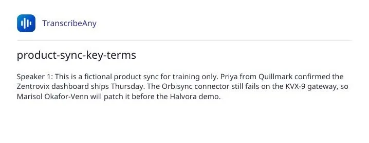 Cropped first page of the actual exported product-sync-key-terms PDF with its title and a Speaker 1 paragraph without a timestamp