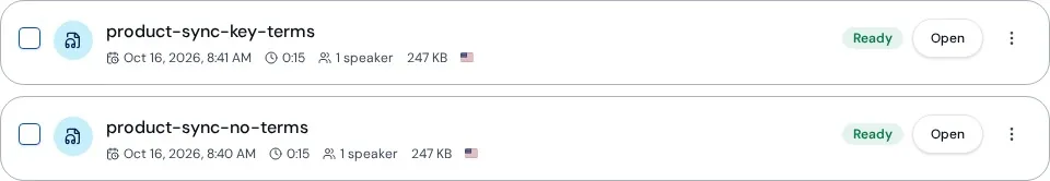Two Ready fictional product-sync recordings, each with a selection checkbox and Open action
