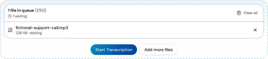 Upload queue showing fictional-support-call.mp3 waiting with a Start Transcription button