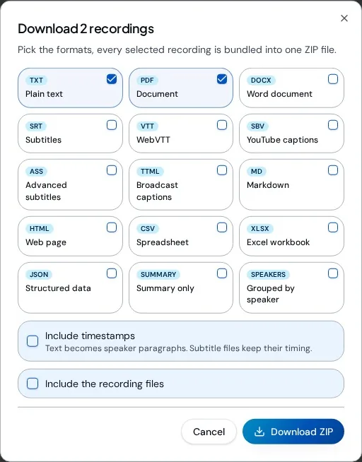 Download 2 recordings window with TXT and PDF selected, timestamps off and Download ZIP available
