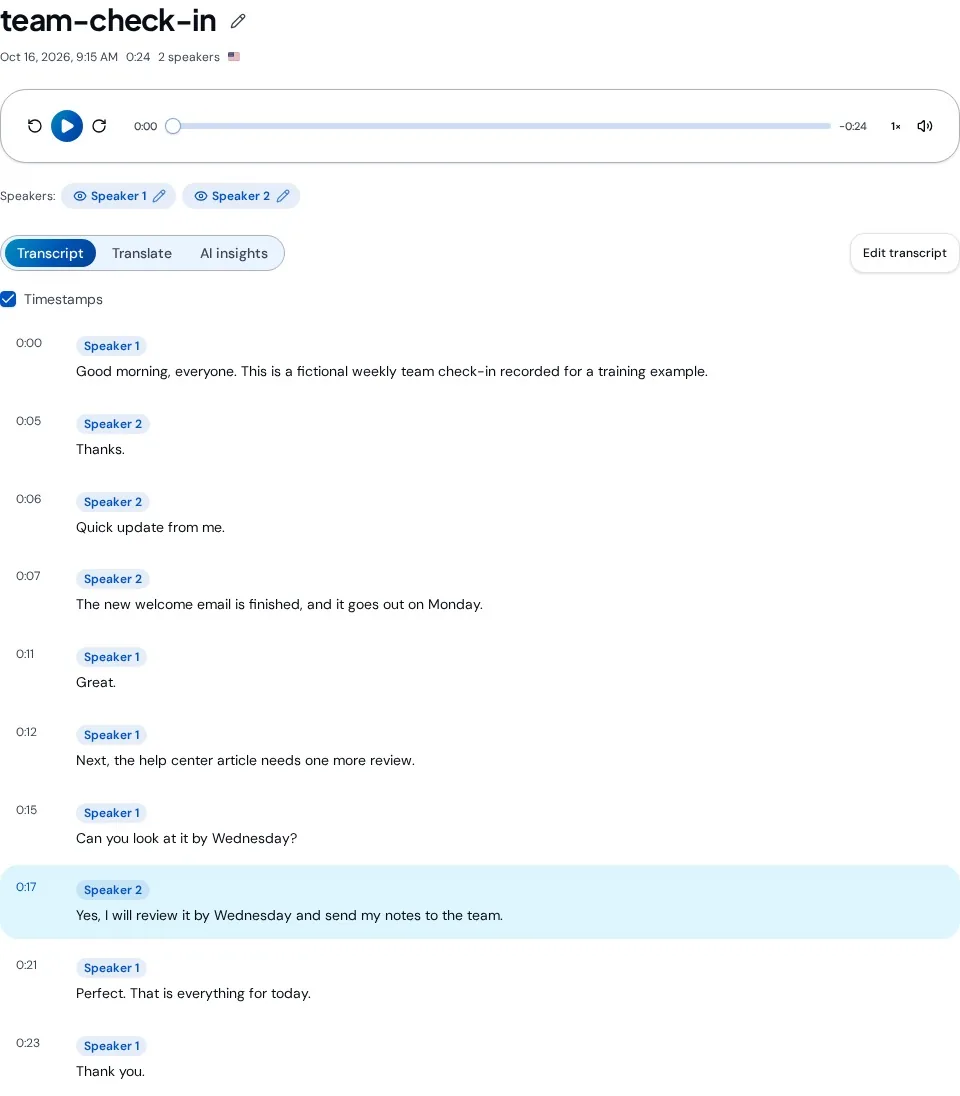 Finished team-check-in transcript with playback controls, two speaker labels and timestamped lines