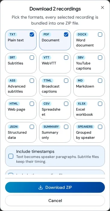 Phone-sized download window showing selected PDF and TXT tiles, timestamps off and the fixed Download ZIP action