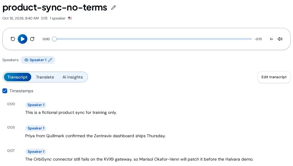 Transcript without key terms showing Zentravix, OrbiSync, KVX9 and Halvara