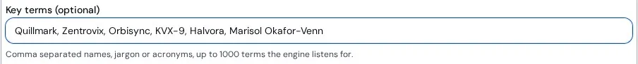 Key terms field filled with Quillmark, Zentrovix, Orbisync, KVX-9, Halvora, Marisol Okafor-Venn