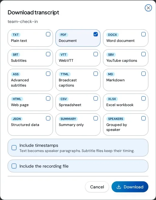 Download transcript dialog with PDF selected, Include timestamps off and Download button