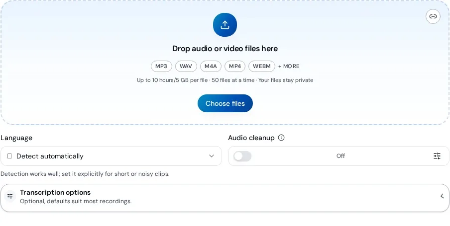 File drop area, Choose files button, automatic language detection and Audio cleanup off